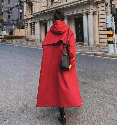 Abrigo Largo Rojo de Algodón con Capucha - Estilo Británico para Mujer - Image 5