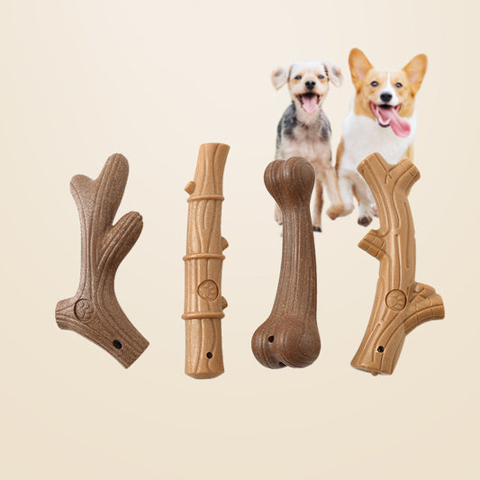 Brown bone-shaped dog chew toy with a paw print detail and small hole, designed for small dogs.