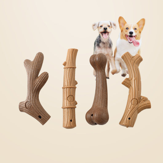 Brown bone-shaped dog chew toy with a paw print detail and small hole, designed for small dogs.