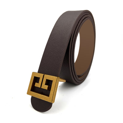 Women's brown imitation leather belt with a decorative bronze-colored square buckle featuring a geometric pattern. - Image 10
