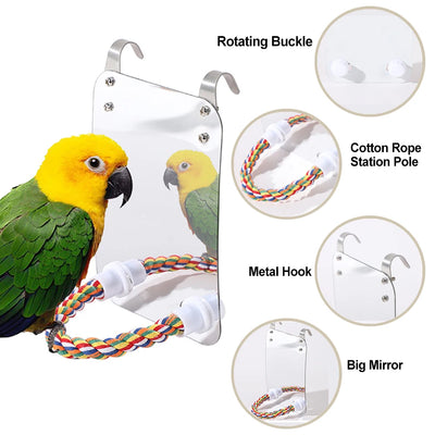 Parrot toy with a rectangular acrylic mirror and a colorful braided rope perch, designed to hang in a birdcage. - Image 11