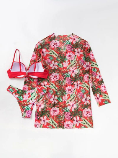 Women's red bikini with a tropical floral and pineapple print cover-up shawl, featuring a twisted front top. - Image 10