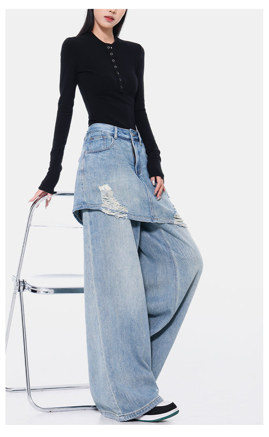Pantalones Rectos Azul Vintage Efecto Desgastado Doble Tela para Mujer - Image 37
