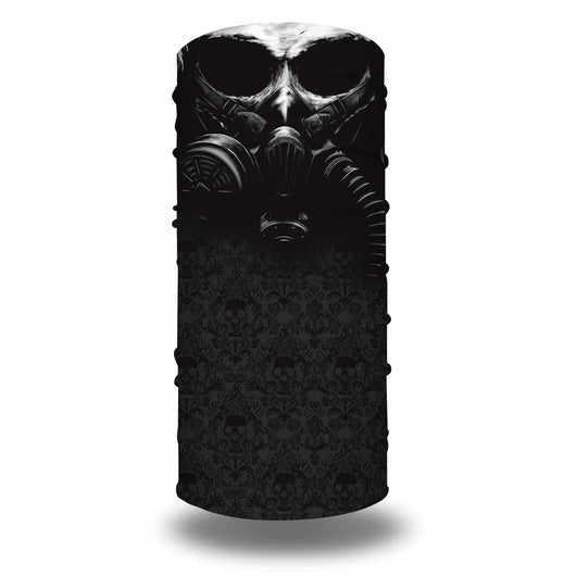 Black and white neck gaiter featuring a detailed skull and spine print, suitable for outdoor sports. - Image 34