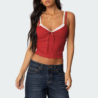 Blusa Elegante Lazo Contraste de Colores con Encaje Falsa Dos Piezas - Image 6