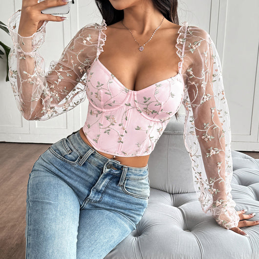 Blusa Larga de Malla Transparente con Parches Bordados - Image 3