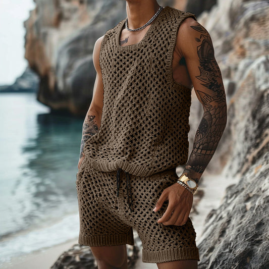Conjunto Casual con Patrón Vertical - Camisa Slim Fit Manga Corta y Shorts