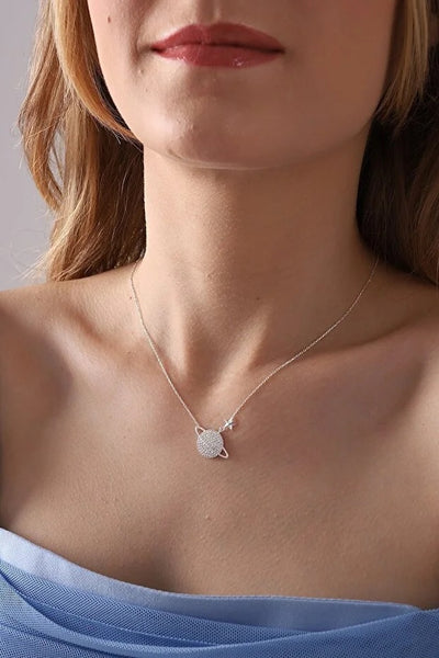 Collar de Plata 925 con Planeta Saturno y Piedra de Circón Blanco