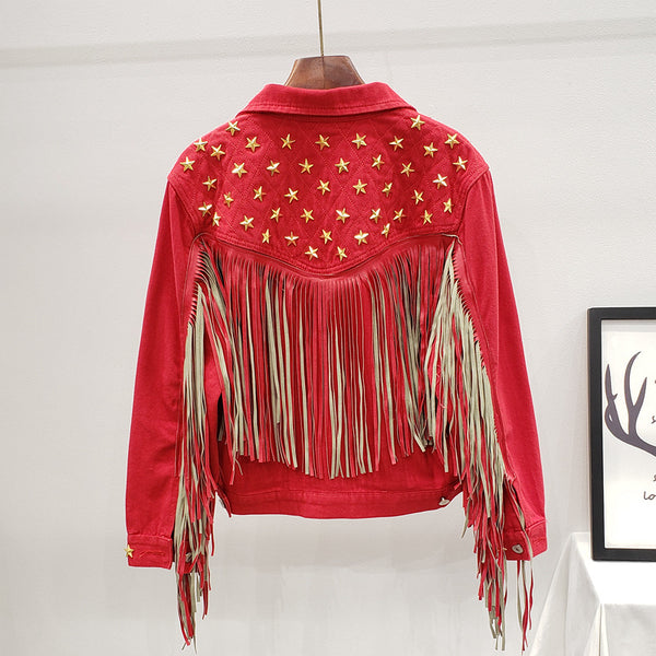 Abrigo para Mujer con Remaches de Estrella Europea y Borla Decorativa