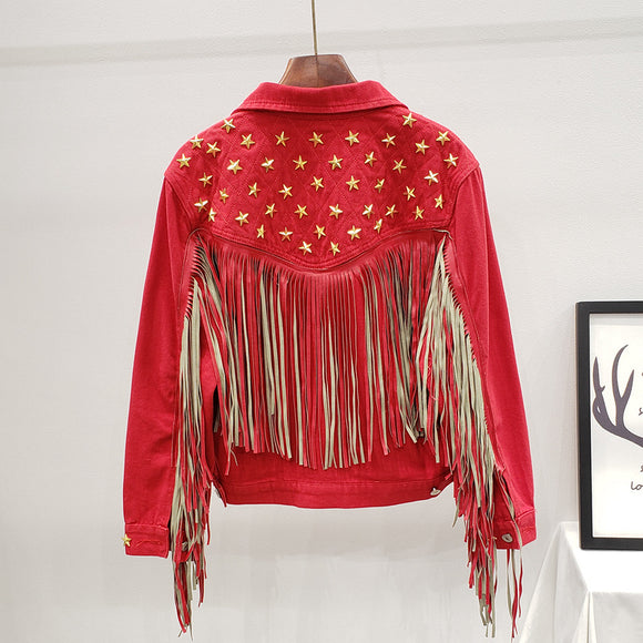 Abrigo para Mujer con Remaches de Estrella Europea y Borla Decorativa