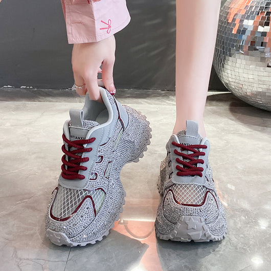 Zapatillas Deportivas Plataforma Gruesa para Mujer con Brillo y Cristales - Amarillo Claro - Image 16
