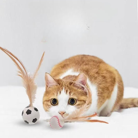 Set of three pet toys: a basketball, baseball, and soccer ball, each with light brown feathers for cats and small dogs. - Image 10