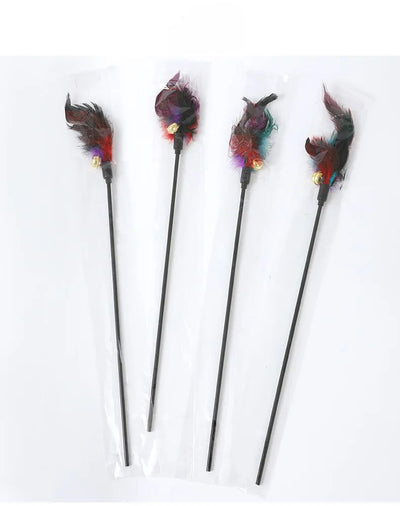 Three cat teaser wands with black sticks, colorful feathers in purple, red, and teal, and small gold bells. - Image 14