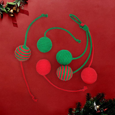 Red and green striped cotton rope ball cat toy with two rope tails, ideal for Christmas interactive play. - Image 3