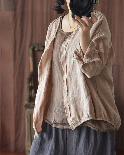 Camisa de Lino Lavado con Mangas Farol y Diseño Artístico Vintage - Image 11
