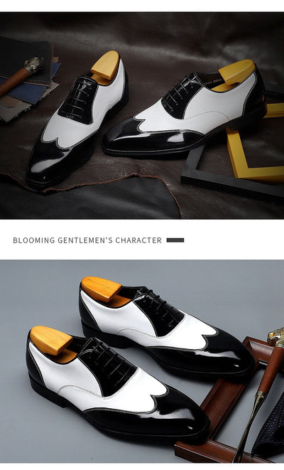 Zapatos de Negocios Retro Punta Afilada Cuero Vacuno Negro y Blanco para Hombre - Image 8