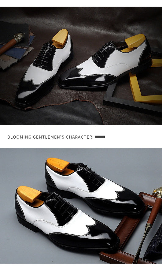 Zapatos de Negocios Retro Punta Afilada Cuero Vacuno Negro y Blanco para Hombre - Image 8