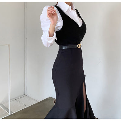 Conjunto Falda Chaleco Ajustado con Abertura Lateral y Diseño Combinado - Image 11