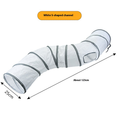 White cat tunnel with dark grey trim, featuring a red and pink hanging toy, measuring 25cm by 50cm. - Image 6