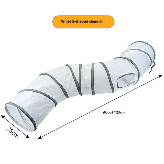 White cat tunnel with dark grey trim, featuring a red and pink hanging toy, measuring 25cm by 50cm. - Image 6