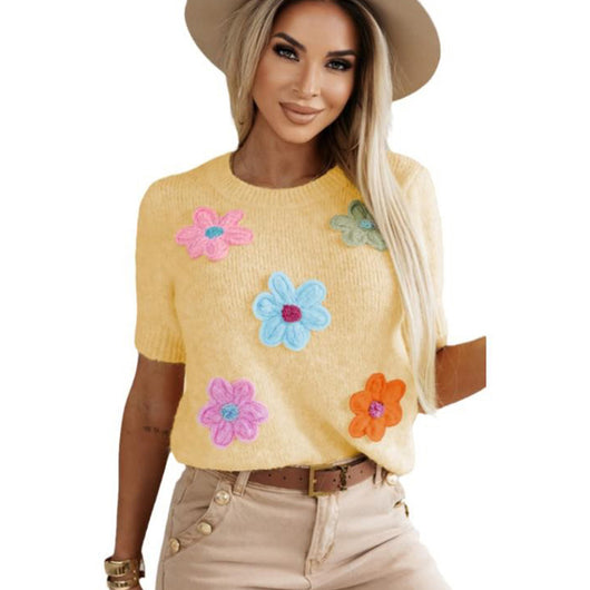 Blusa Tejida de Manga Corta con Flores 3D - Estilo Europeo Casual - Image 6