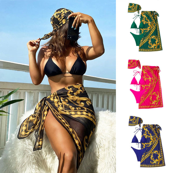 Traje de Baño Bikini Vintage con Encaje y Cordones - Conjunto de Tres Piezas