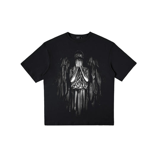 Camiseta Suelta con Estampado de Ángel - Algodón 100% Cuello Redondo