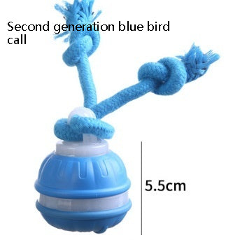 Blue pet toy with a spherical base and two knotted ropes, labeled as a "Second generation blue bird call" toy. - Image 4