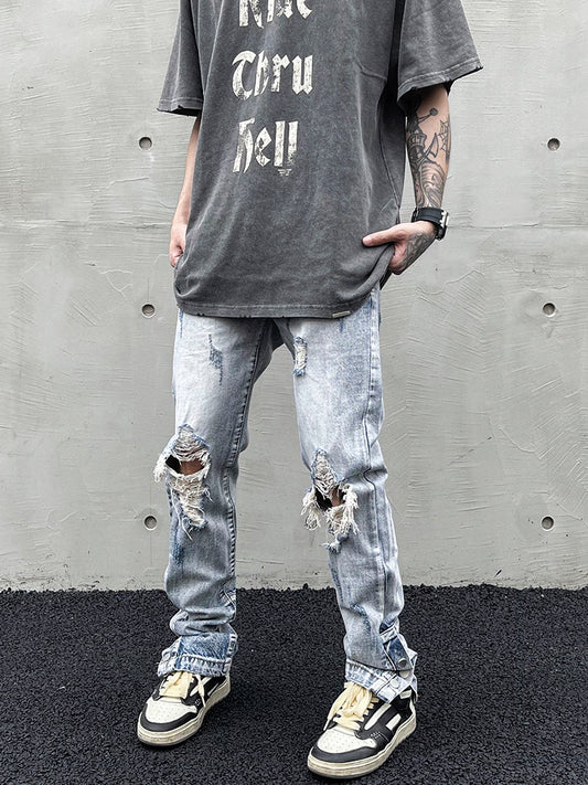 Jeans Rectos con Rotos y Cintura Ajustada