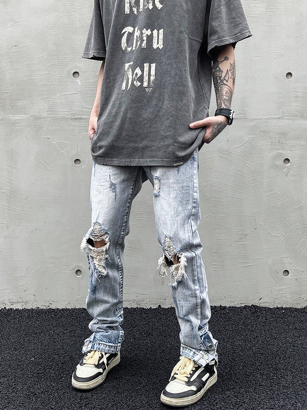 Jeans Rectos con Rotos y Cintura Ajustada