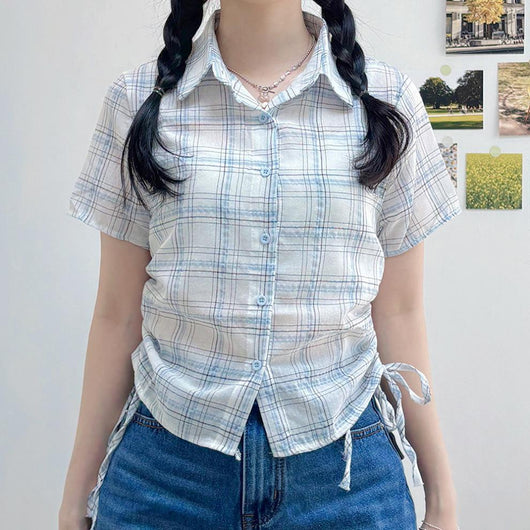 Camisa Cuadrille Retro con Pliegues Elegantes y Manga Corta - Image 16