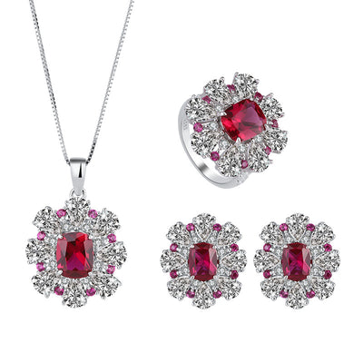Conjunto de Joyas Plata 925 Flor Tesoro Rojo Paloma - Anillo, Aretes y Pendiente - Image 3