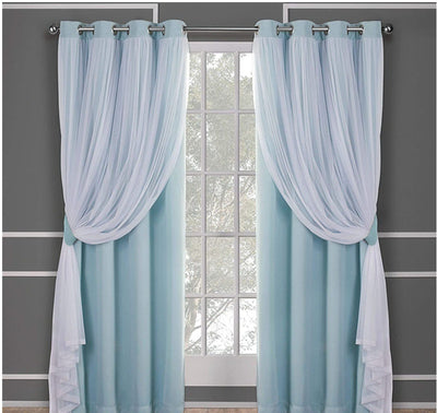 Dark blue double layer shading curtains with white sheer lace overlays, hung on a silver grommet rod. - Image 9