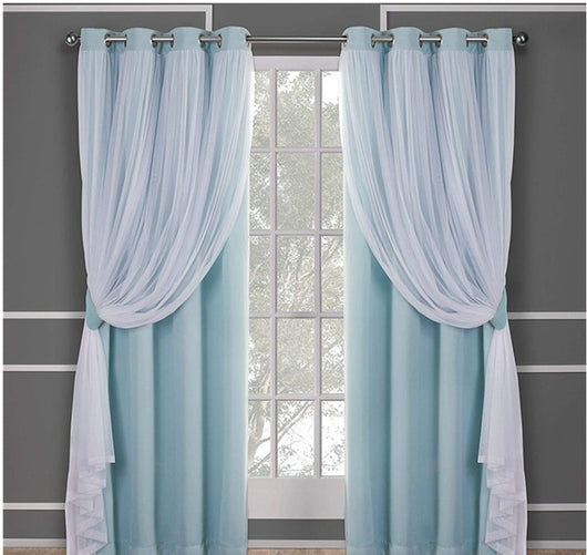 Dark blue double layer shading curtains with white sheer lace overlays, hung on a silver grommet rod. - Image 9