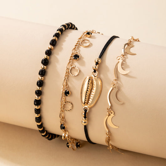 Pulsera Tobillera Multicapa con Perlas de Arroz y Concha - Juego de 4 Piezas Negro - Image 8