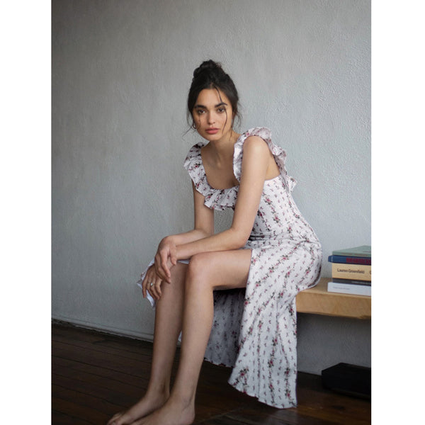 Vestido Lino Floral sin Mangas con Cintura Reductora