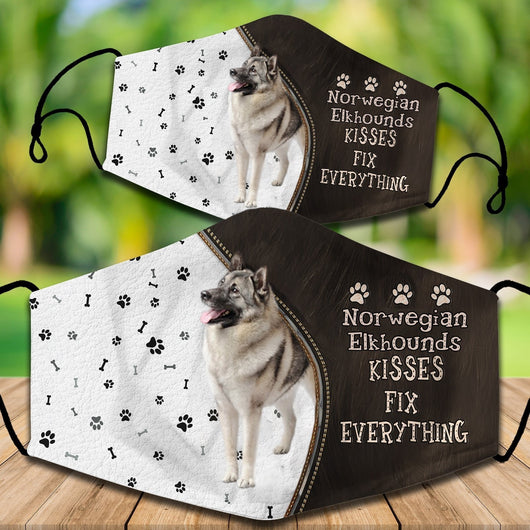 Two cotton face masks with a Bichon Frise dog, paw prints, and bones on a white and brown background. Text reads "Bichon Frise KISSES FIX EVERYTHING." - Image 49