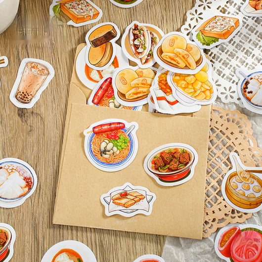 Box-packed set of 46 retro-style night market snack stickers, featuring illustrations of various foods and drinks. - Image 4