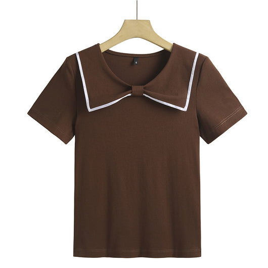 Blusa Coreana Cuello Redondo con Lazo Ajustada de Algodón Manga Corta - Image 8