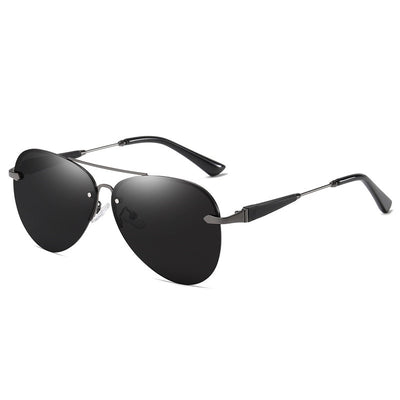 Classic rimless aviator sunglasses with black metal frames and dark black-gray polarized lenses on a white background. - Image 13