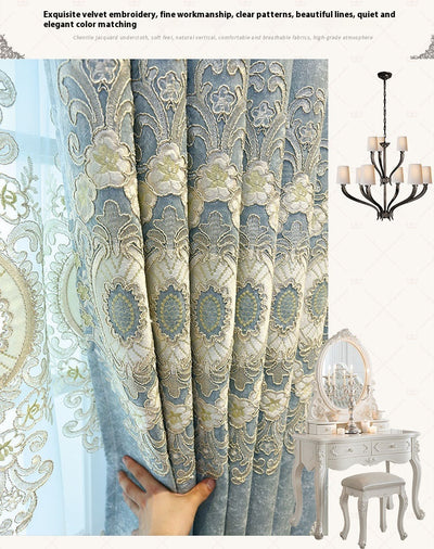 Blue sheer curtain with intricate gold and dark blue embroidery in a European classical style, draped over a window. - Image 18
