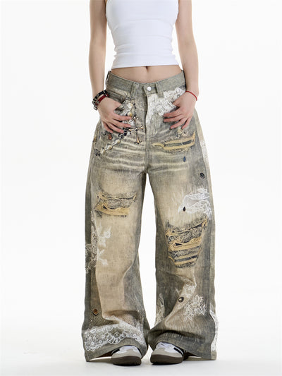 Pantalones Vaqueros Estampado Cruzado Mujer Pierna Ancha - Image 18