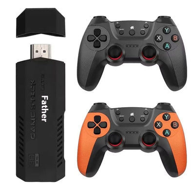 X2 Ultra Home TV Game Console kit with black game stick, two wireless controllers, 64GB MicroSD, and cables. - Image 2