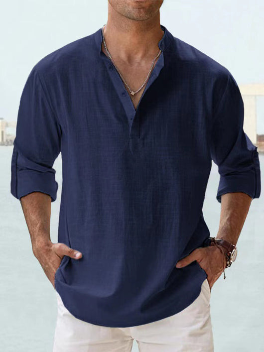 Camisa de Lino Hombre Cuello Mao Manga Larga Suelta - Image 7
