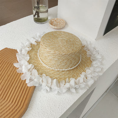 Sombrero de Paja Plano con Encaje de Perlas para Mujer - Image 5
