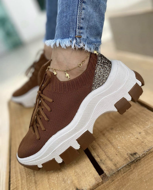Zapatillas Deportivas Plataforma Mujer con Tejido Volador y Cordones