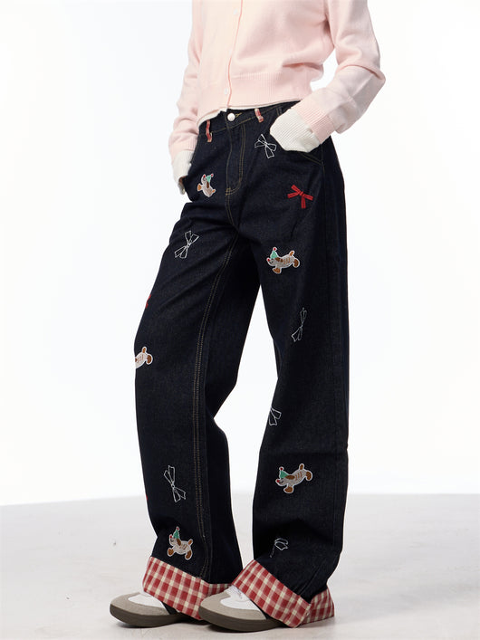 Jeans de Pierna Ancha Cintura Alta con Bordado de Moño Vintage - Image 21