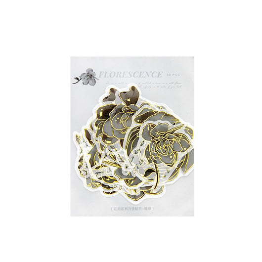 Set of 30 white and cream flower stickers, 55x55mm, featuring various chrysanthemum designs with a bronzing effect. - Image 7