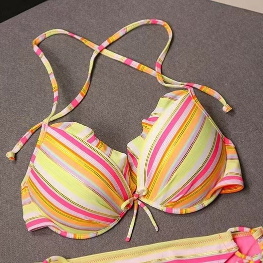 Colorful striped lace-up bikini swimsuit with a ruffled halter top and matching tie-side bottoms. - Image 3