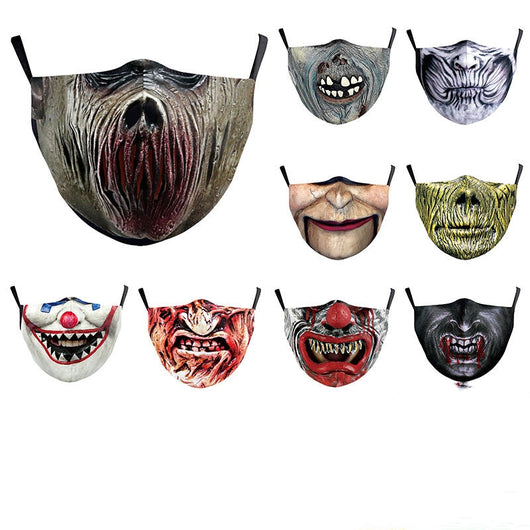 Green and yellow digital print Halloween dust mask with a grotesque, tree-like face design and black ear loops. - Image 22